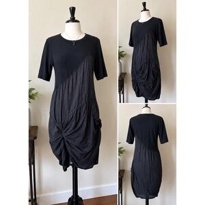 CLU Dress Womens Small Black Asymmetrical Ruched Crinkle Mixed Media Designer